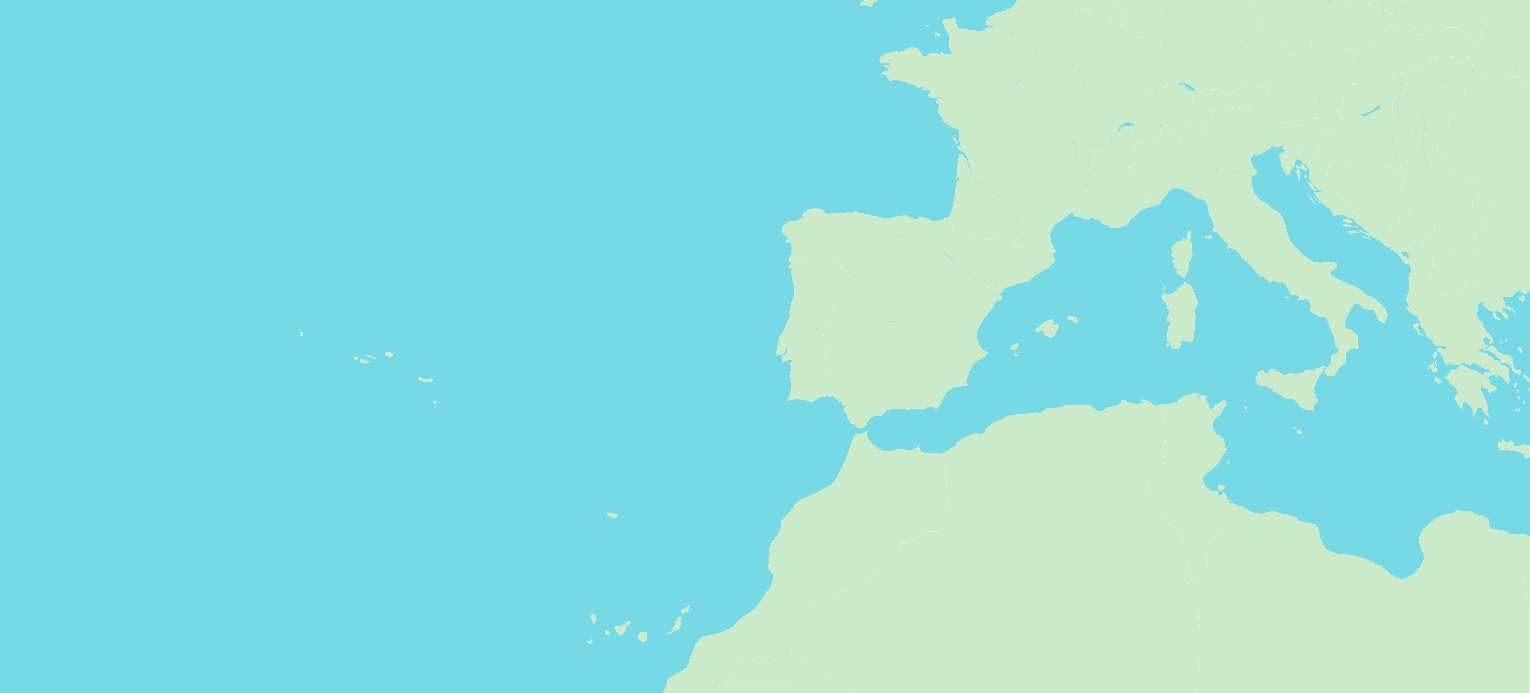 Mapa de Europa occidental, el norte de África y Canarias, con la distribución de los Montes Públicos en España