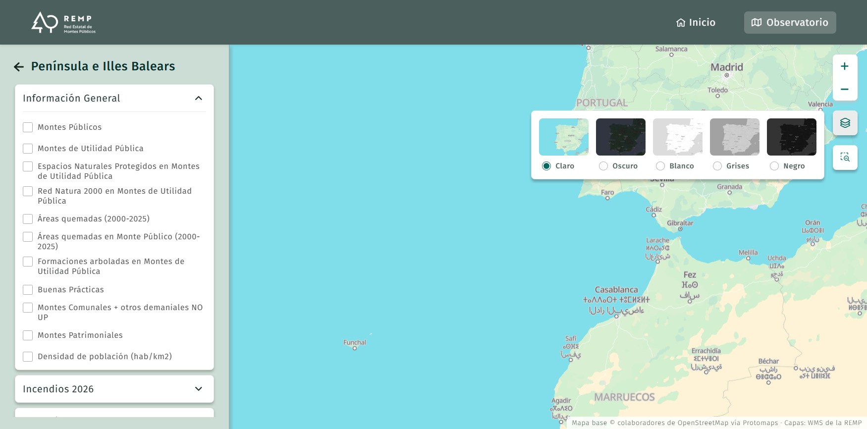 El panel de mapas base desplegado sobre el mapa, con las cinco miniaturas y sus opciones: «Claro», marcada, «Oscuro», «Blanco», «Grises» y «Negro».